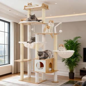 Heybly Cat Tree, 70.5 Inch Wood Tall Cat Tower for Large Indoor Cats with Extra Stable Structure, Modern Cat Furniture with All-Sisal Scratching Posts, Cat Condo & Hammocks, Walnut HCT121WB