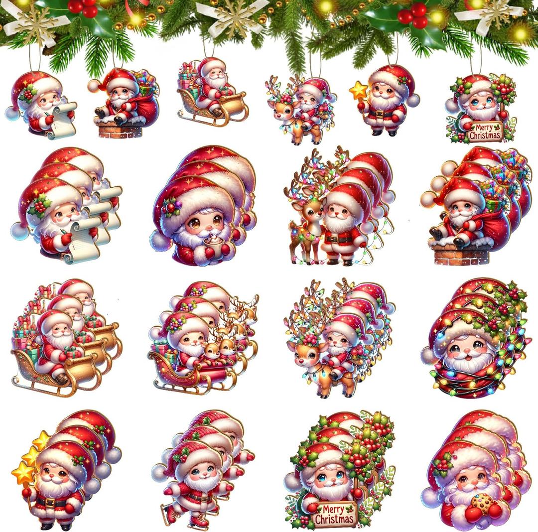 36PCS Wooden Santa Christmas Ornaments - 12 Unique Festive Designs for Tree & Holiday Decor