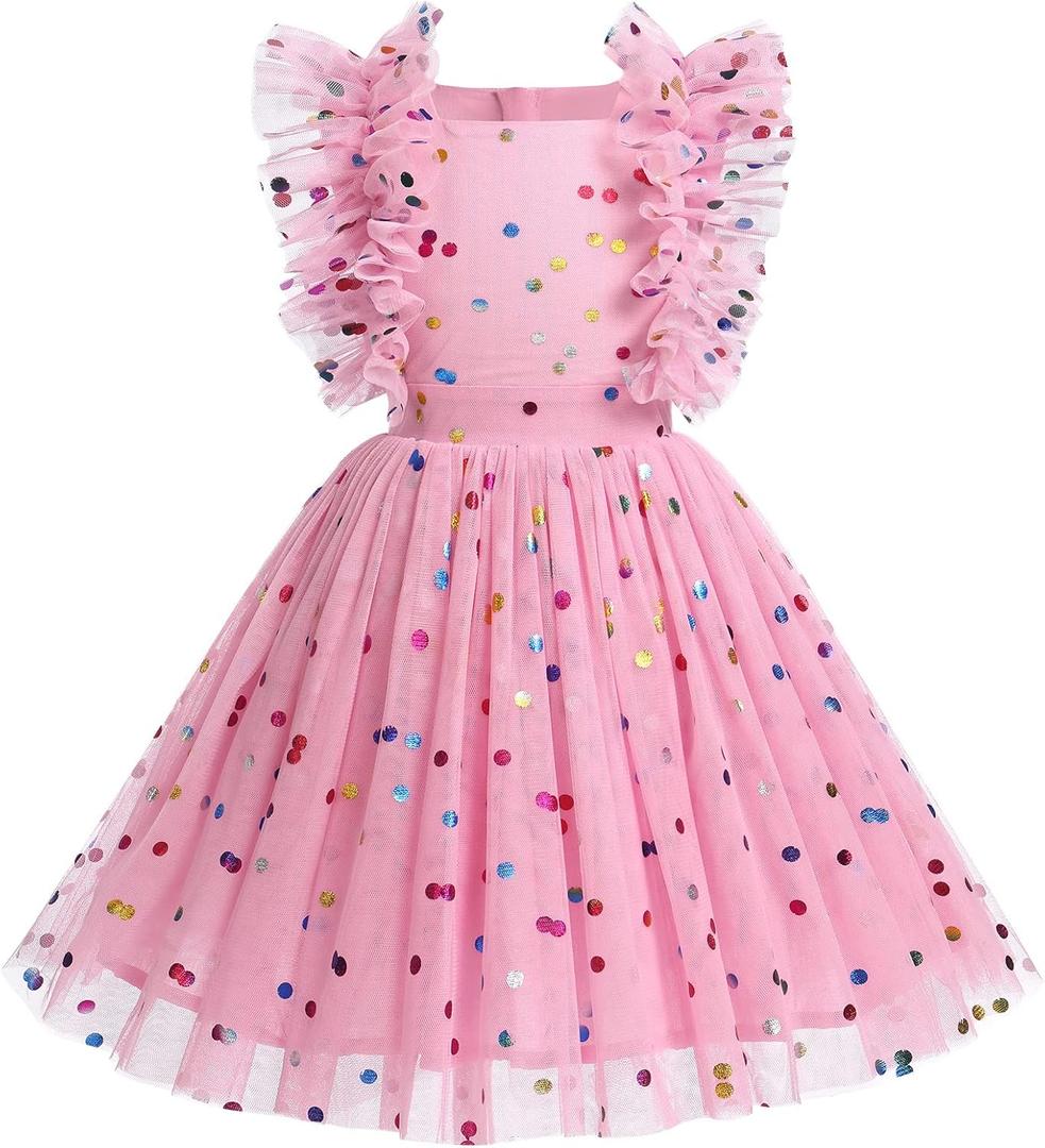 Kids Girls Confetti Birthday Princess Dress Ruffle Sleeve Boho Cake Smash Photo Shoot Outfit (5-6 Years, Light Pink Confetti)