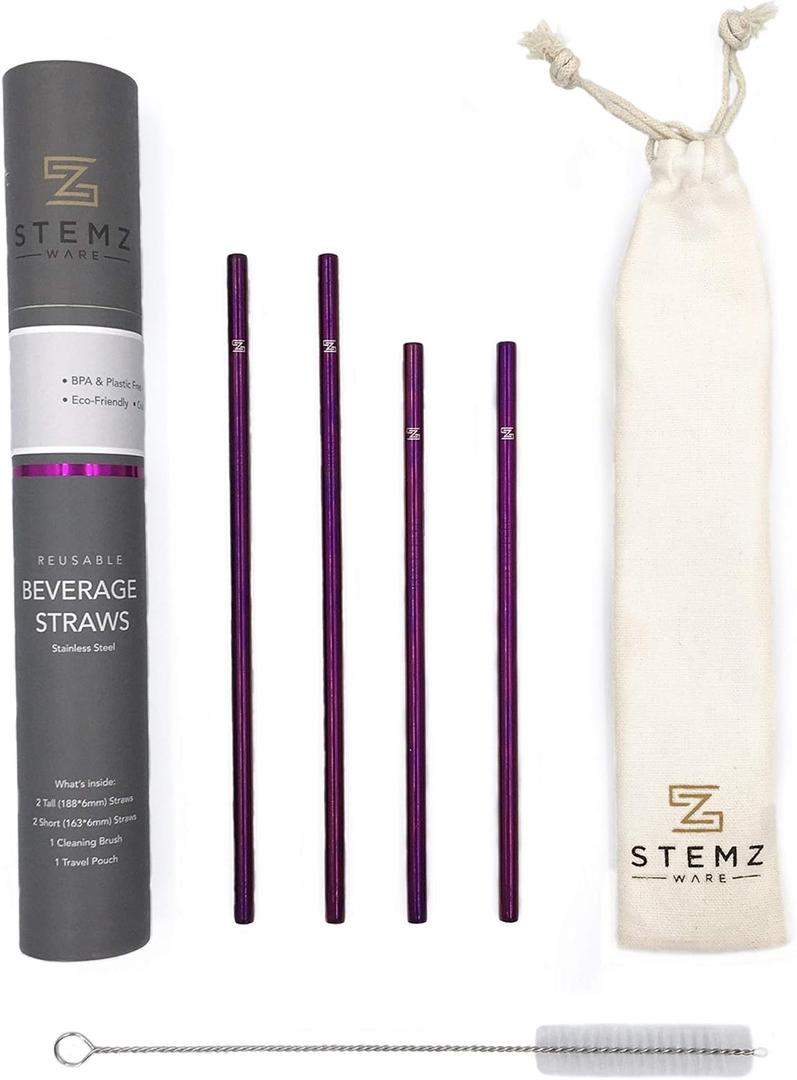 Reusable Stainless Steel Straw Set of 4 - Shorter Lengths (6.5" and 7.5") for Cocktails and Beverages. Travel Case and Cleaning Brush - Perfect for On The Go or Entertaining at Home (Purple Haze)