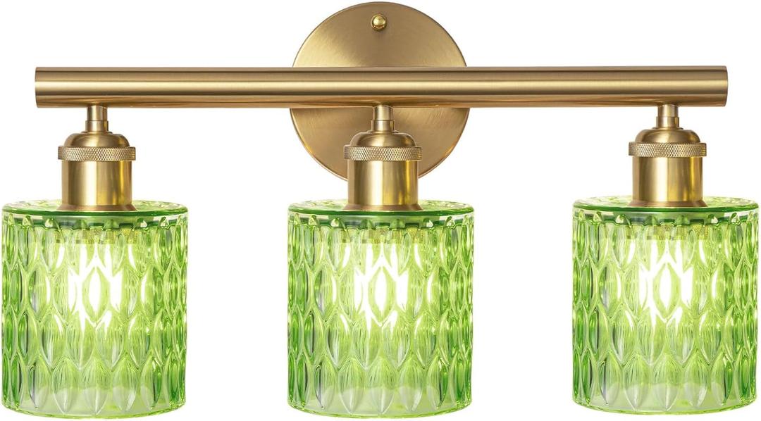 Bathroom Vanity Light, Gold Wall Fixture Over Mirror, Green Glass Shade Lighting with Bulbs Included for Bedroom & Living Room,3-Lights