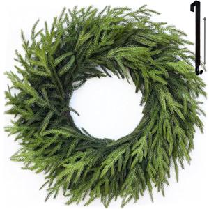 FINECASA Green Christmas Wreath for Front Door - Natural Realistic, Full & Soft Norfolk Wreath, Indoor/Outdoor Holiday Decor, Seasonal Porch Window Sign