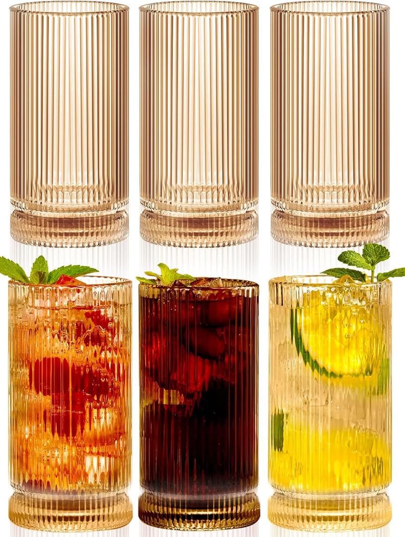 megarte 16Oz Amber Ribbed Glassware Set Of 6 – Vintage Drinking Glasses And Ribbed Glass Cups, Amber Glassware Drinkware Set For Water, Juice, Cocktails, Iced Coffee, Smoothies, Beer, Home, Parties