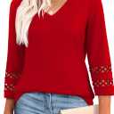 XIEERDUO 3/4 Length Sleeve Womens Tops Dressy Casual Blouses for Women 2025 Trendy V Neck T Shirts Summer Clothes (Large, Red)