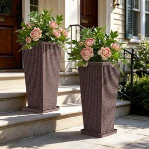 24" Tapered Tall Planters for Outdoor Plants with Tray&Shelf, Brown, 23.6"H x 10.2"W x 10.2"W