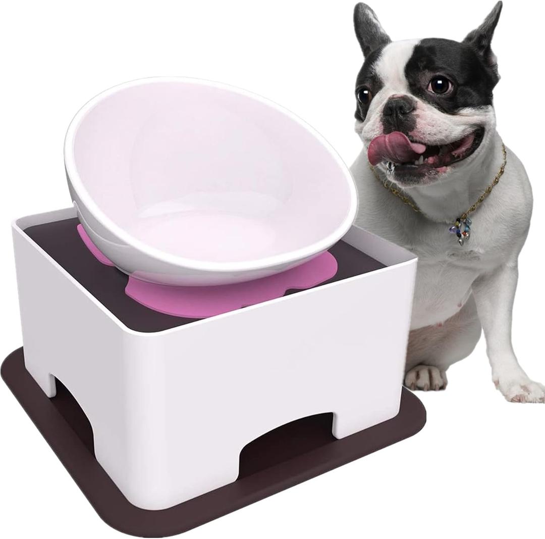 Ceramic Bulldog Bowl Dog Feeding Bowl - Dog Dish Wide Mouth Pet Sterile Tilted Pet Feeder with Anti-Skid Rubber Mat for Small Medium Dogs (White)