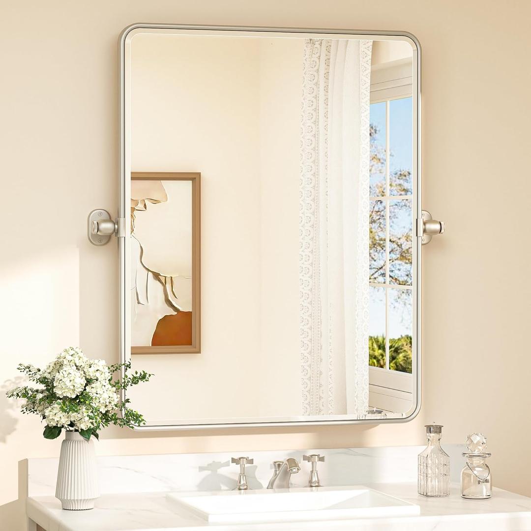 TETOTE Pivot Bathroom Mirror Satin Nickel 24 x 30 Silver Tilting Beveled Rectangle Metal Framed Mirror, Farmhouse Adjustable Tilt Rounded Corner Vanity Mirror, Horizontal/Vertical, Easy to Install