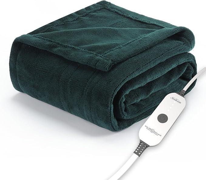 Sunbeam Electric Throw Royal Luxe Microplush Heated Blanket, 4 Heat Settings, 4-Hour Auto Shut-Off, Fast Heating, Warm and Cozy, Botanical Green Color, 50" x 60"