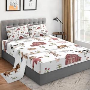 WeCozy Full Size 4 Pcs Bed Fitted Sheet Set with 14" Deep Pocket, Animal Farm Tractor Flat Sheet Set for Kids and Adults, House Tree Pig Bedding with 2 Pillowcases for Bedroom Decor