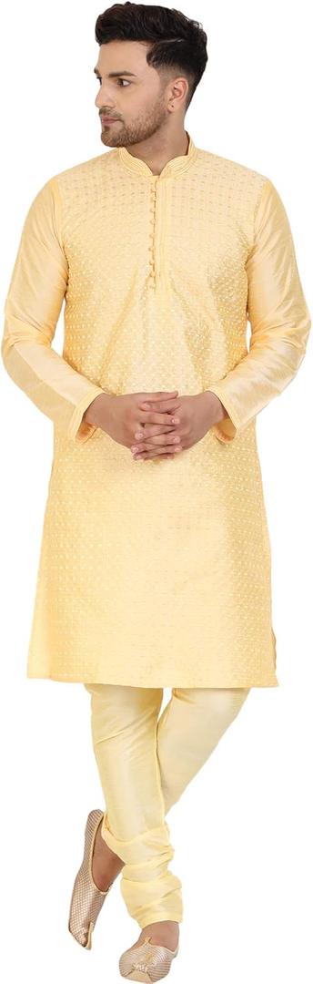 SKAVIJ Men's Art Silk Woven Design Kurta Pajama Set Ethnic Motifs Embroidered Party Dress (Yellow)