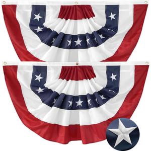 2 Pack American Pleated Fan Flag 2x4 Ft Patriotic Bunting Embroidered Stars USA 250th Anniversary Decorations for 4th of July Outdoor Porch Fence Banner with Canvas Header & Brass Grommets
