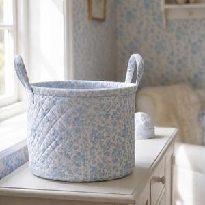 Boho Fabric Storage Basket 13 x 10 in Quilted Fabric Basket Blue Flower Large Collapsible Laundry Nursery Hamper Portable Car Storage Baskets with Handles for Clothes and Dolls