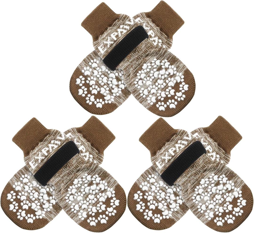 EXPAWLORER 6PCS Anti-Slip Dog Socks to Prevent Licking Paws,Dog Shoes for Hot Pavement,Best Paw Protector Traction Control on Hardwood Floor,Dog Booties for Puppy Small Medium Large Senior Dogs (Brown)