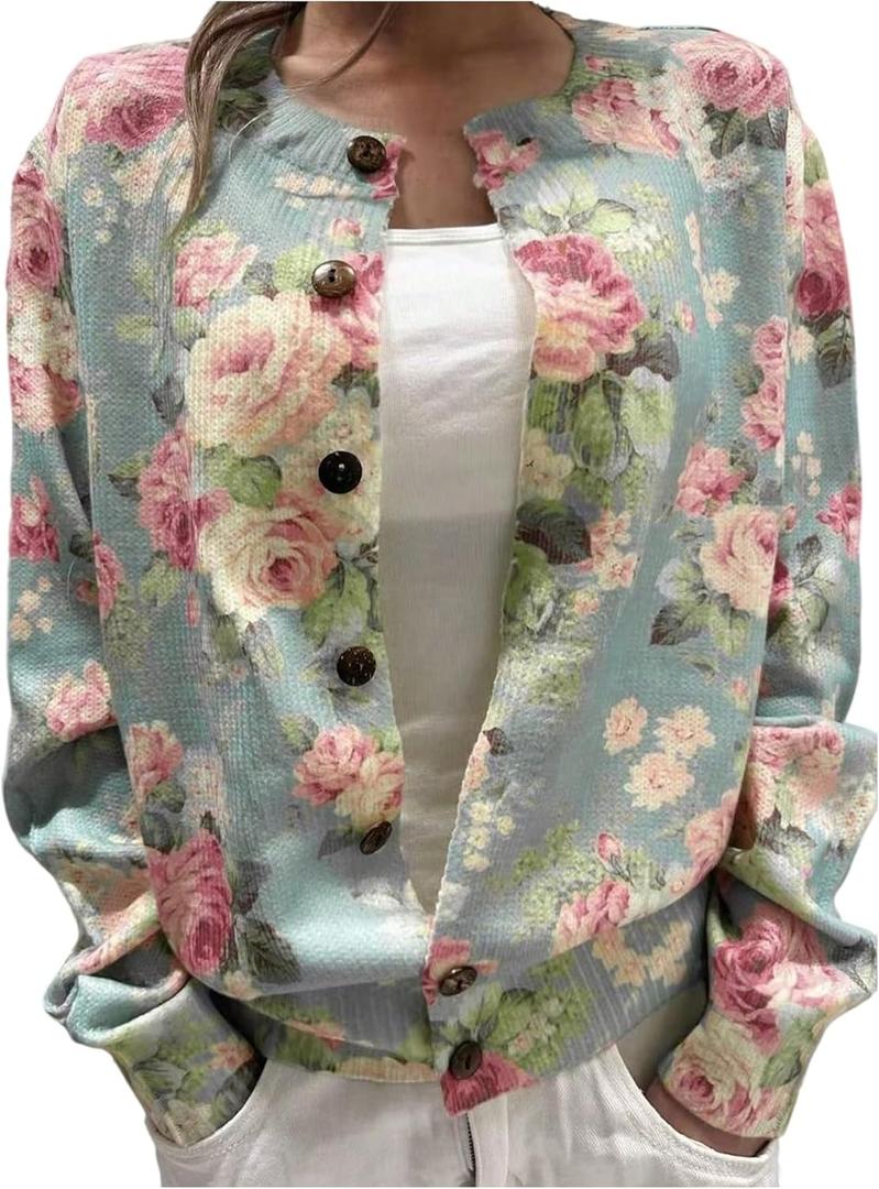 SOLY HUX Women's Floral Print Button Down Cardigan Sweater Lightweight Cozy Fall Outfits Trendy 2025 S