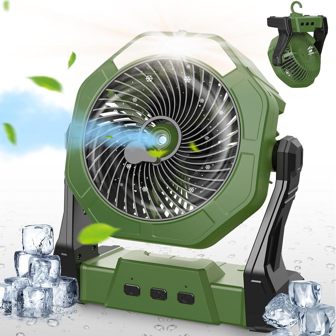 Ausic 8 Inch Portable Misting Fan with Light, 3 Speeds, Green, Modern Style, Rechargeable, Battery Operated, Outdoor, Table Fan