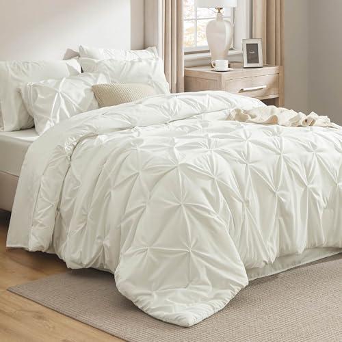 Bedsure King Size Comforter Set Ivory - Bed in a Bag King Size 1Piece, GentleSoft™ Pintuck Bed Set Gift for Family, Pinch Pleat Ivory Comforter with Sheets, Pillowcases & Shams,