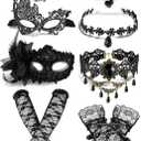 Halloween Masquerade Costume Set for Women Black Lace Masks Gloves Gothic Choker Necklace Cosplay Party Accessories
