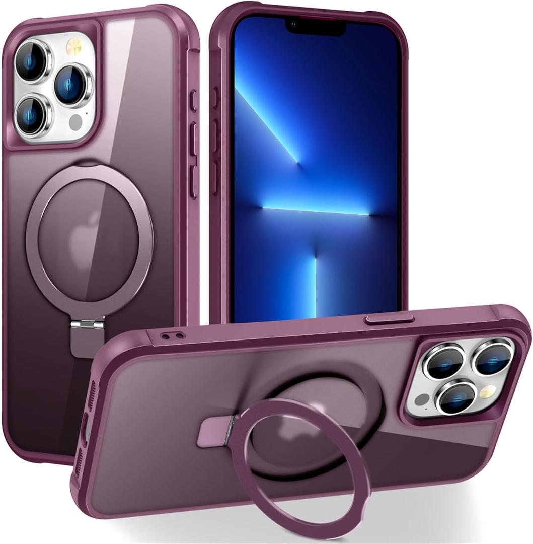 Apple iPhone 12 & 13 Pro Max Case: Invisible Magnetic O-Ring Stand Military-Grade Translucent Case - Wine Red