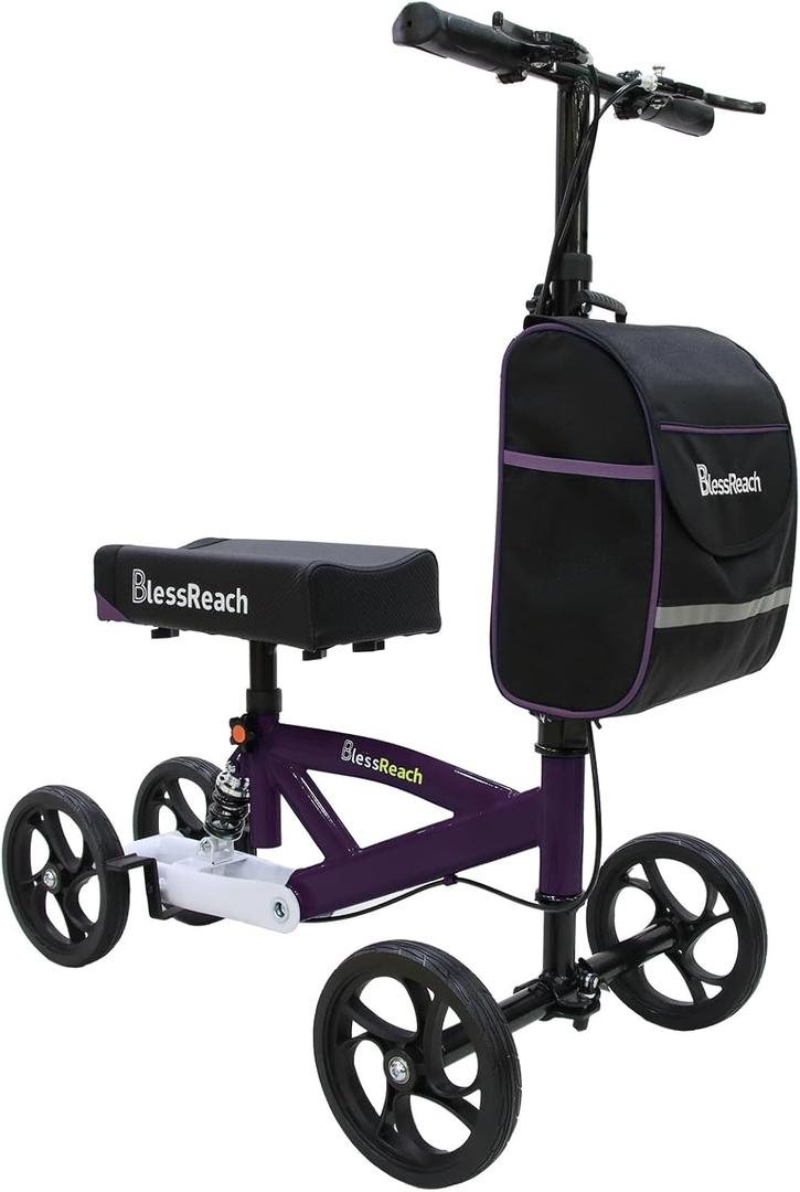 Steerable Knee Walker Deluxe Medical Scooter for Foot Injuries Compact Crutches, with Dual Rear on-Wheel Brake and Shock Absorption Under The Knee pad (Blue)