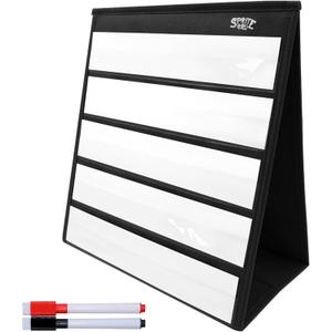 Black Tabletop Desktop Pocket Chart with Bonus 20X Dry Erase Cards. Double Sided and Self-Standing (13 X 12)