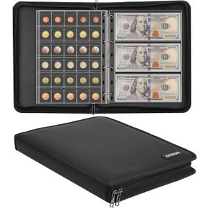 Fireproof Coin Collection Album for Collectors, 300 Pockets Coins Collecting Album & 36 Sleeves Money Storage Case for Coin Currency Collection Supplies, Bill, Pennies, Quarters, Stamp,F65C001B (Large, Black)