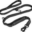 Moysoon High Reflective Stretch Dog Leash with Comfort 2 Padded Handles, with Car Seat Belt Buckle and Metal Carabiner, Black, (L)