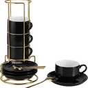 3 Ounce Espresso Cups Set of 4, Stackable Demitasse Mugs, Includes Display Stand, Cups Saucers, and Spoons, for Machines & Home Use, Black, Gold Tone