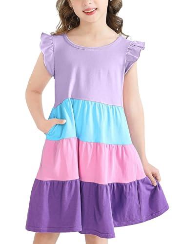 Poroka Girls Ruffle Sleeve Dress Tiered Swing A-Line Short-Sleeve Dresses Kids Midi Casual Summer Sundress with Pockets Lilac 2T