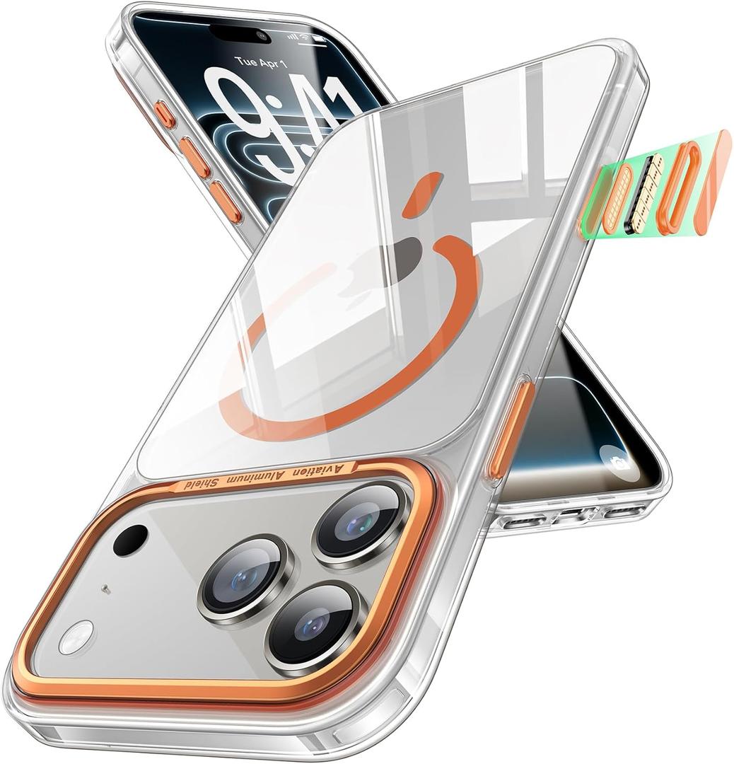 Maledan for iPhone 17 Pro Max Case Clear Orange - Aluminum Camera Frame Magnetic 17 Pro Max Case Fit for Mag Safe, Camera Control, Transparent Military Shockproof Phone Cover for iPhone 17 Pro Max
