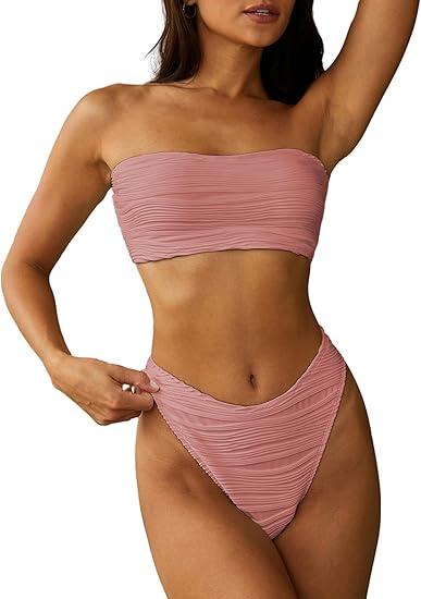 ZAFUL Women Strapless Wave Bandeau Bikini 2 Piece Swimwear Cheeky Solid Lace up Bathing Suits(1Pink Wave,L)