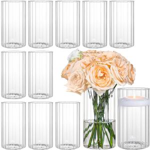12pcs Glass Cylinder Vases for Centerpieces, 6 Inch Clear Ribbed Flower Vases for Wedding Decorations, Indoor Home Decor, Hurricane Candle Holder for Table Shelf
