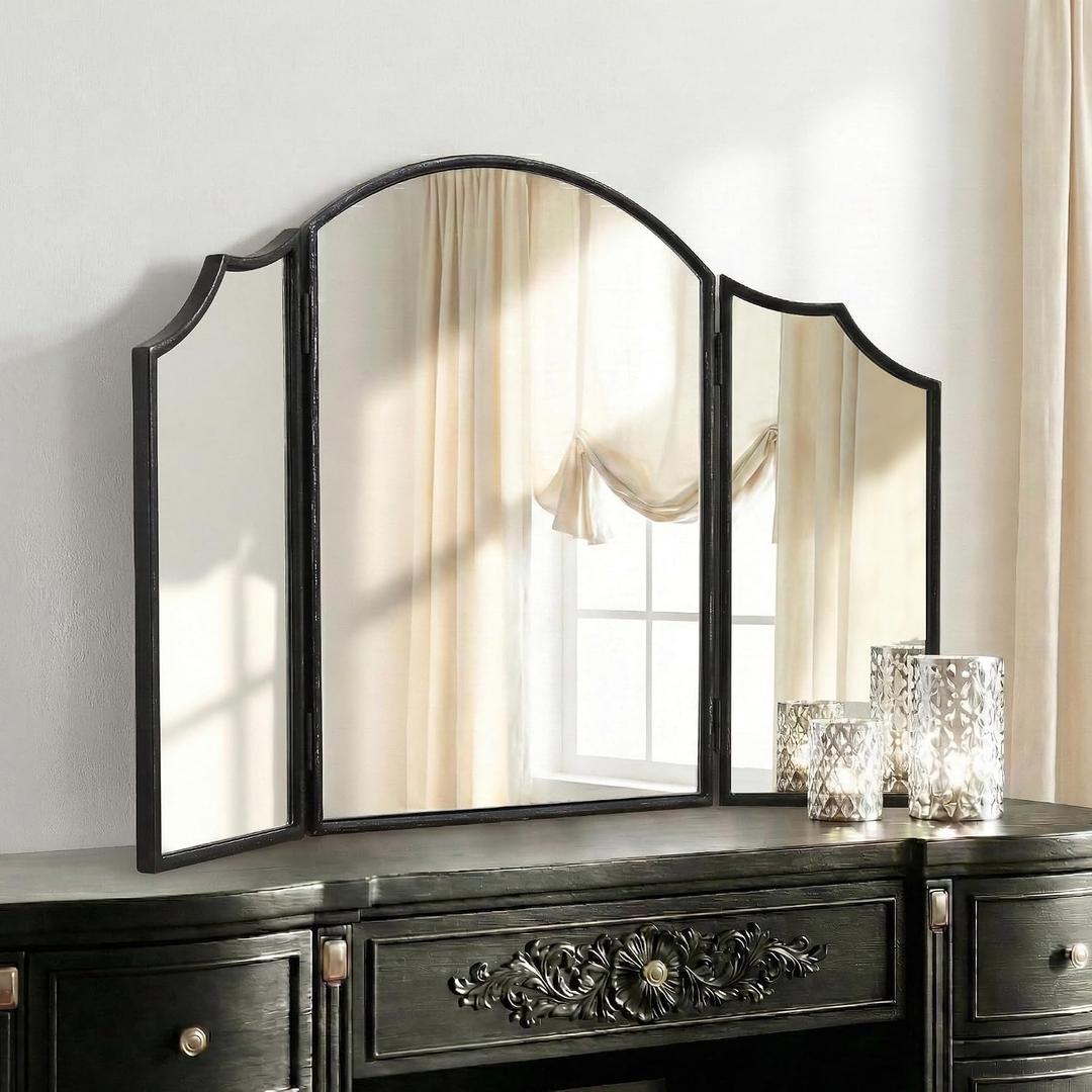 Besdomus Black Scalloped Vanity Mirror: 36"x24" Three Sided Dresser Miror