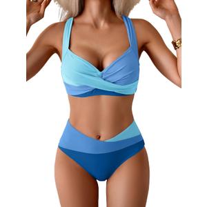 B2prity Bikini Sets for Women Two Piece Swimsuit Mid Rise Color Block Bathing Suit Tie Back Swimwear (Large)