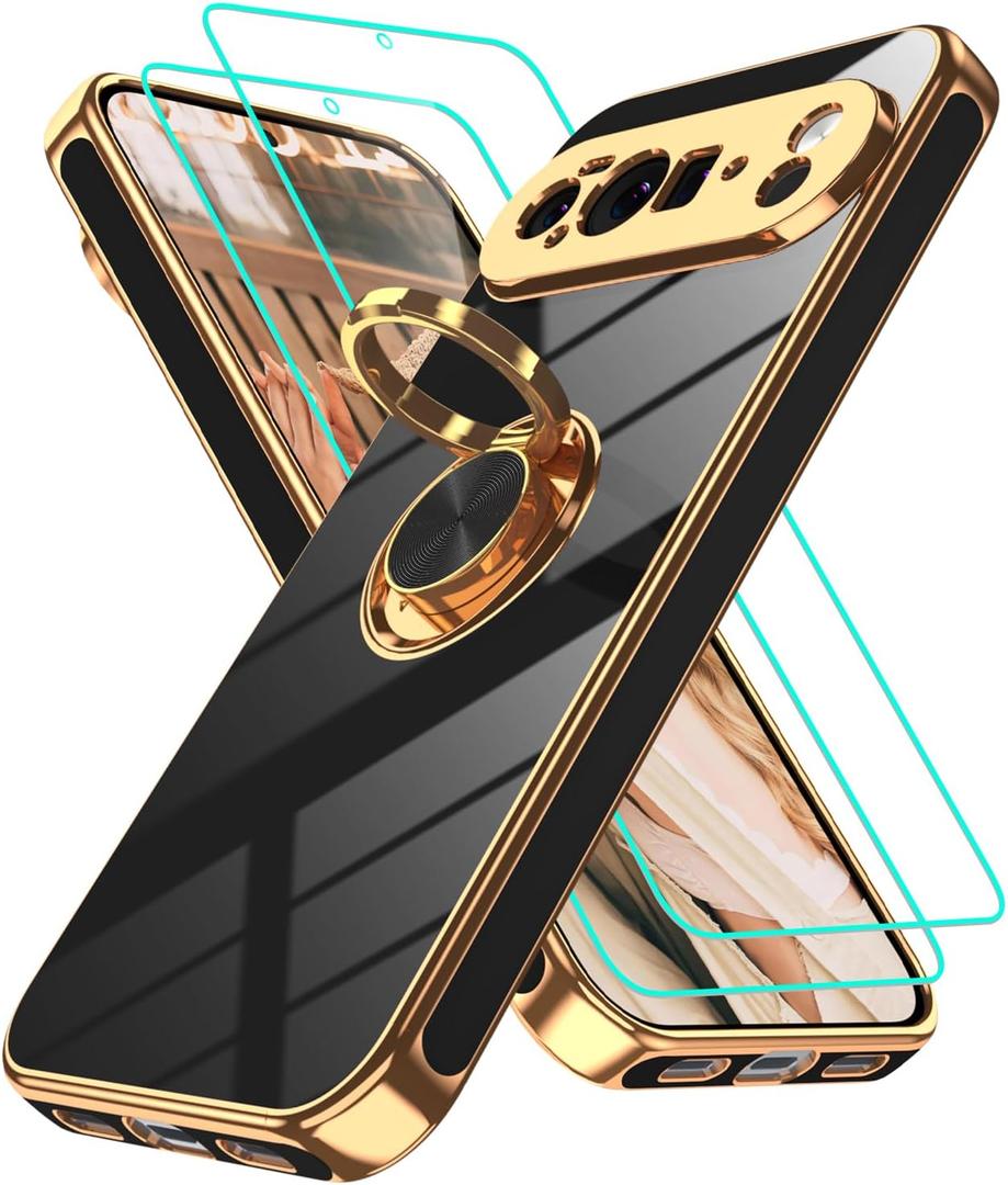 Gritup for Google Pixel 10 Pro XL Case: 2Pcs Screen Protector | 360 Rotation Ring Holder Magnetic Kickstand | Plating Gold Edge Soft TPU Protective Basic Cover Funda para Pixel 10 Pro XL Black