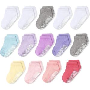 CozyWay Girls Non-Slip Ankle Socks - Soft Cotton Grippy Ankles - Slip-Resistant Design for Girls Socks with Grips - Low-Cut Fit, 5-7 Years, 14-Pack