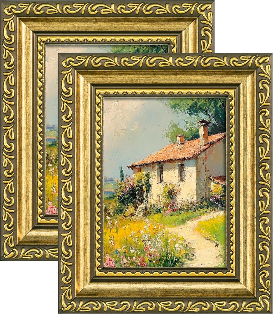 eletecpro 3x4 Picture Frames Set of 2, Ornate Frame with Glass Cover, Rustic Gold Photo Frames Display 3 x 4 Photo for Tabletop, Gold