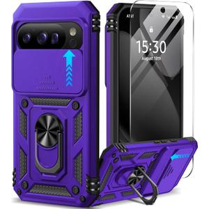 Taisairu for Google Pixel 10 Case/Pixel 10 Pro Case with Screen Protector & Slide Camera Lens Cover,Built-in Ring Stand Protective Phone Case for Pixel 10 Case/Google Pixel 10 Pro Case (Purple)