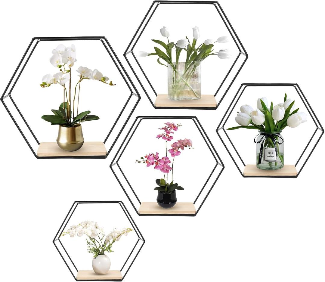 Wall Mounted Hexagonal Floating Shelves Black Set of 5 in Different Sizes, Modern Metal Shelf, Simple Wood Partition Storage Shelves, Decor Rack for Bedroom, Living Room, Kitchen, and Office