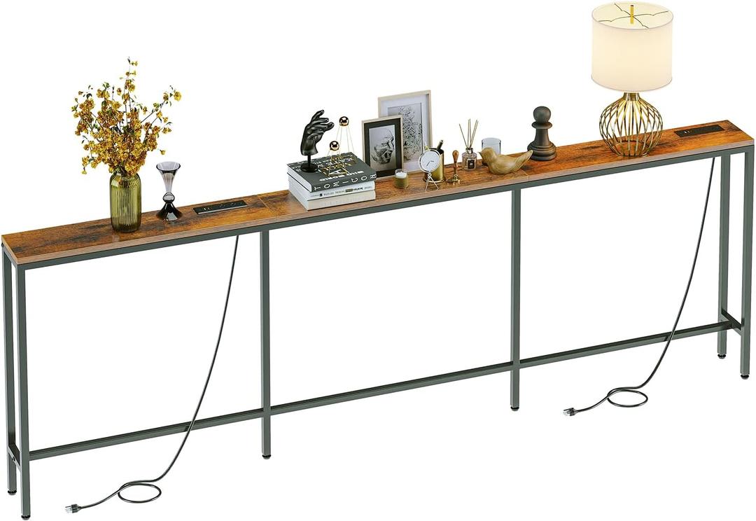 94.5" Behind Couch Table with 2 Fast Charging Stations, 7.1" Narrow Skinny Sofa Table with 4 Power Outlets, 4 USB-A, 2 USB-C for Console Entryway, Rustic Brown
