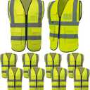 10 Pack Reflective Safety Vests with Pockets & Zipper, High Visibility Yellow Construction Vest for Men Women, Durable ANSI Class 2 Work Vest Strips Vests for Outdoor Work (XX-Large, Chartreuse)