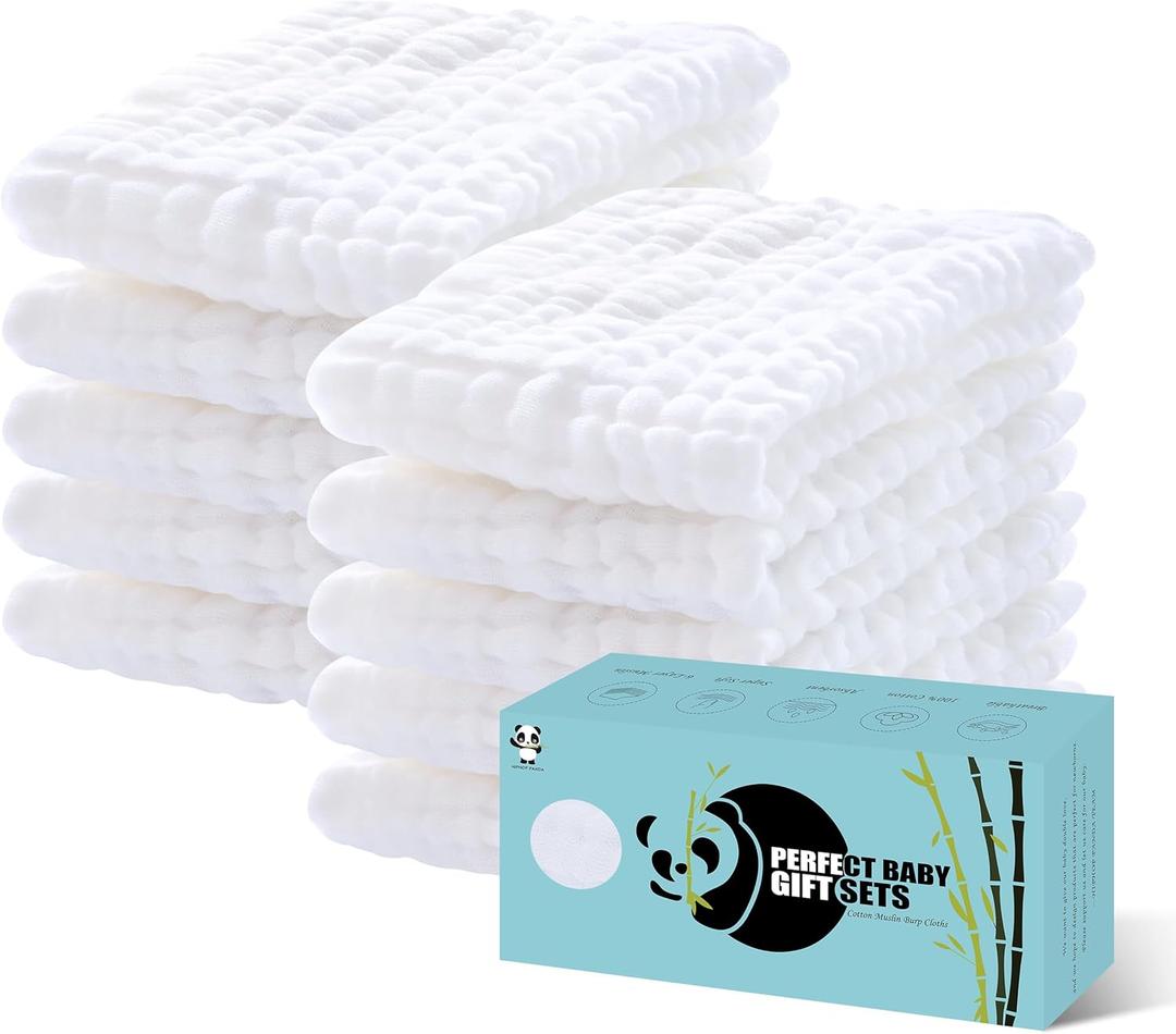 HIPHOP PANDA 10 Pack 6-Layers Muslin Burp Cloths Large - Durable 100% Cotton - Baby Essentials Extra Absorbent and Soft Boys & Girls Rags for Newborn Registry (White, 20" X10")