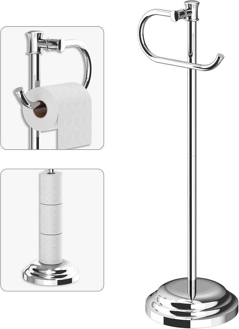BESy Toilet Paper Holder Free Standing Bathroom Toilet Tissue Holder Stand for Floor Toilet Paper Roll Holder with Storage Hardware Accessories Rack Hand Towel Bar Polished Chrome Stainless Steel
