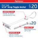 3/16" Heavy Duty Master Toggle-Bolt Strap Anchors (20 Pack) w/ 20 Steel Threaded Studs - 3/16"-24 UNC Fastener Size - Great for TV mounting, 240 lb Holding Strength
