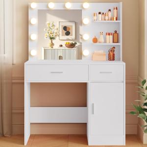 Lighted Makeup Vanity Desk, 35.4W x 15.7'D x 54H, White (with Lights and Mirror, Dimming Function, 2 Drawers and 1 Cabinet, Open Shelves) by Boahaus