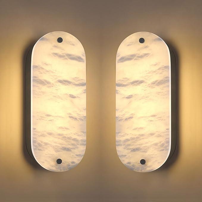 2 Pack 2 Light Oval 12" Alabaster Marble Bathroom Wall Sconce Modern Concise Style Wall Light Fixture,Dark Gray Finish for Bedroom Hallway Bedside