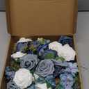 Artificial Flowers 25PCS Real Looking White & Dusty Blue Shades Fake Roses with Stem for DIY Wedding Bouquets Centerpieces Baby Shower Party Home Decorations