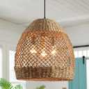 17.7" Large Rattan Chandelier Boho Dining Room Light Fixture Woven Pendant Lights 3-Lights Wicker Hanging Ceiling Lighting for Kitchen Island Laundry Room Bedroom Foyer Hallway Restaurant (H008)