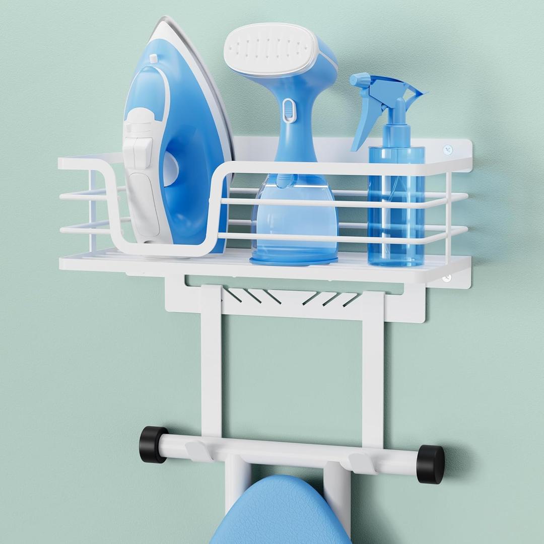 KES 90lb Heavy-Load Ironing Board Hanger Wall Mount, One-Piece Metal Frame Ironing Board Holder with T&V Shaped Hooks, Extra Large Storage Basket, No Breaking Sturdy Screws Included, White, HIR502-WH