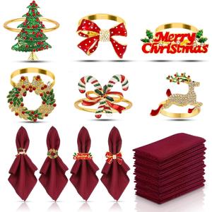KPOSIYA 12PCS Christmas Napkin Rings Set of 6 and 6pcs Red Napkins Cloth, Metal Xmas Napkin Ring Holders for Winter Christmas Holiday Dinner Party Table Decoration