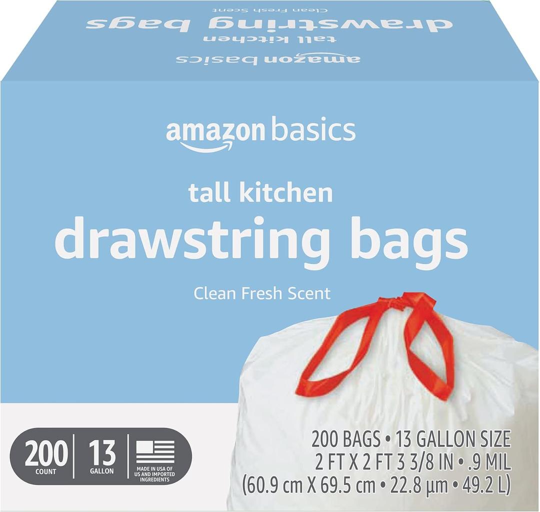 Amazon Basics Scented Trash Bags, Tall Kitchen Drawstring, Clean Fresh Scent, 13 Gallon, 200 Count, Pack of 1